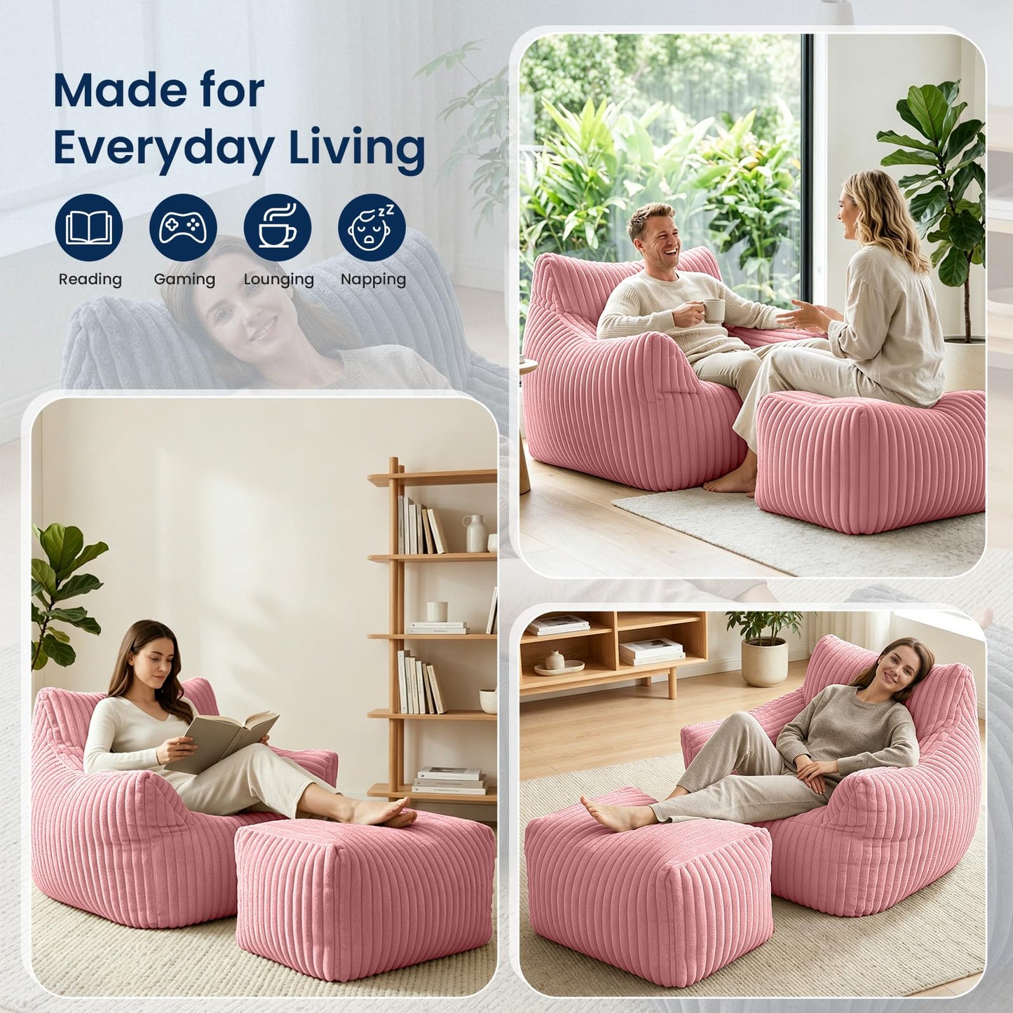 Giant Bean Bag Chair with Footstool for Adults, Fluffy Boneless Lounge Sofa Chair, Superior Large Reading Floor Sofa Bed, Oversized Accent Comfy Couch for Living Room, Bedroom (Pink, with Ottoman)