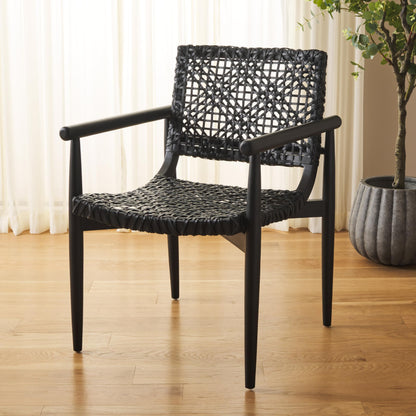 SAFAVIEH Home Collection Sianna Black Solid Wood/Black Leather Woven Accent Chair (Fully Assembled)