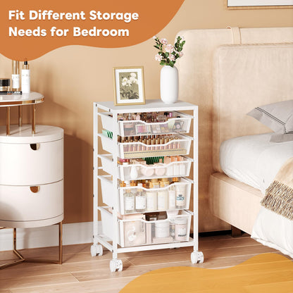 Sbanmao Rolling Storage Cart with 5 Drawers, Metal Utility Cart with Lockable Wheels, Craft Storage Art Cart, Rolling Drawer Cart for Living Room, Bedroom, Bathroom, Office, Home, White