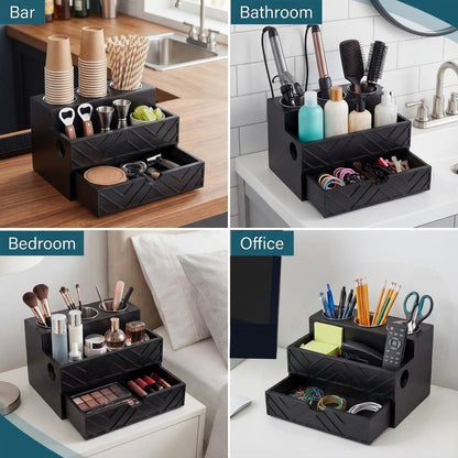 AceOrbit Hair Tool Organizer with Drawer, Hair and Makeup Bathroom Vanity Organizers and Storage Fits Blow Dryer, Curling Iron, Makeup Brushes, Skincare, Hot Tools Organizer for Tidy Counter(Black)