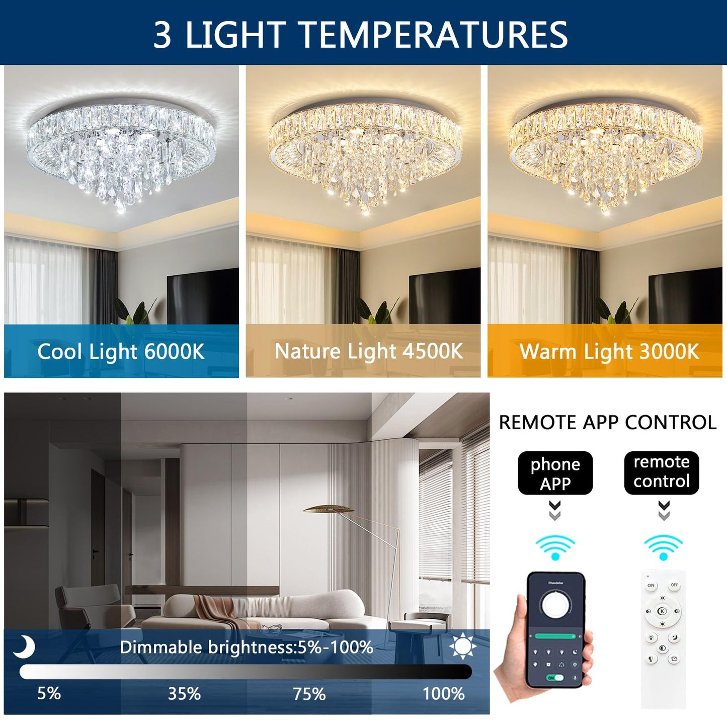 dolria 23.6" Modern Crystal Chandeliers LED Dimmable Flush Mount Ceiling Chandeliers for Living Room Entrance Foyer Bedroom Silver