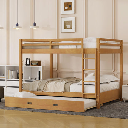 Merax Modern Queen Over Queen Size Wood Bunk Bed with Ladder and Twin XL Trundle, No Box Spring Required, Space-Saving, Wood Color
