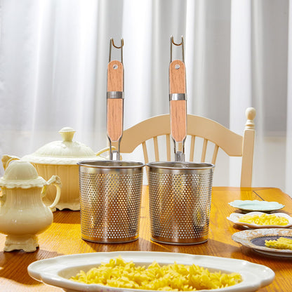 Tessco 4 Pcs Pasta Strainer, 4.7" x 5.2'' Stainless Steel Pasta Basket Mesh Cooker with Wood Handle, Spider Strainer Kitchen Skimmer for Food Dumpling Noodle Blanching(Light Color)