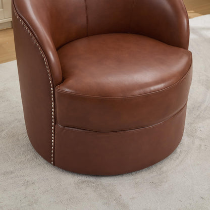 GDFStudio Hayezf Top-Grain Leather Swivel Chair, 360° Swivel Accent Chair with Chesterfield Studs, Mid-Century Modern Lounge Seating for Living Room & Office, No Assembly Required, Brown