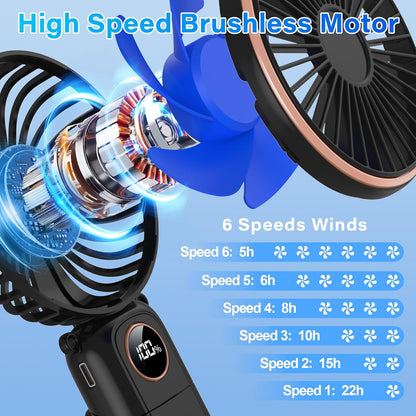 Portable Handheld Fan, 5200mAh Rechargeable, 180° Foldable Mini Hand Held Fan, Max 22 HRS Working, 6 Speeds, LED Display