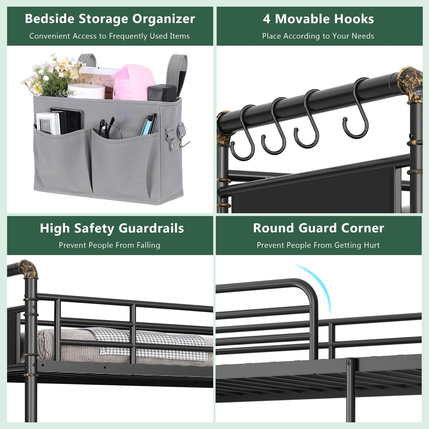 Jocoevol Metal LED Bunk Bed Twin Over Twin with 2 Storage Drawers, USB Charging Station, Industrial Bunkbeds Heavy Duty Bed with Safety Guardrail and Ladder, No Box Spring Needed, Black