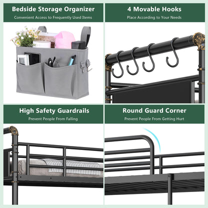 Jocoevol Metal LED Bunk Bed Twin Over Twin with 2 Storage Drawers, USB Charging Station, Industrial Bunkbeds Heavy Duty Bed with Safety Guardrail and Ladder, No Box Spring Needed, Black