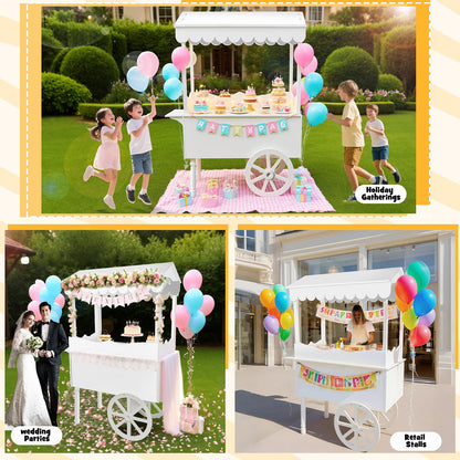 Gasgo Versatile Dessert Cart with Fixed Wheels - 70"x40"x22" Charcuterie Station, Candy Display Stand for Business, Flower Cart with Included 100 Balloons & 1 String Lights, White