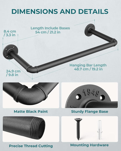 OROPY Industrial Pipe Clothes Rack, Set of 2 Heavy Duty Wall Mounted Black Iron Garment Bar