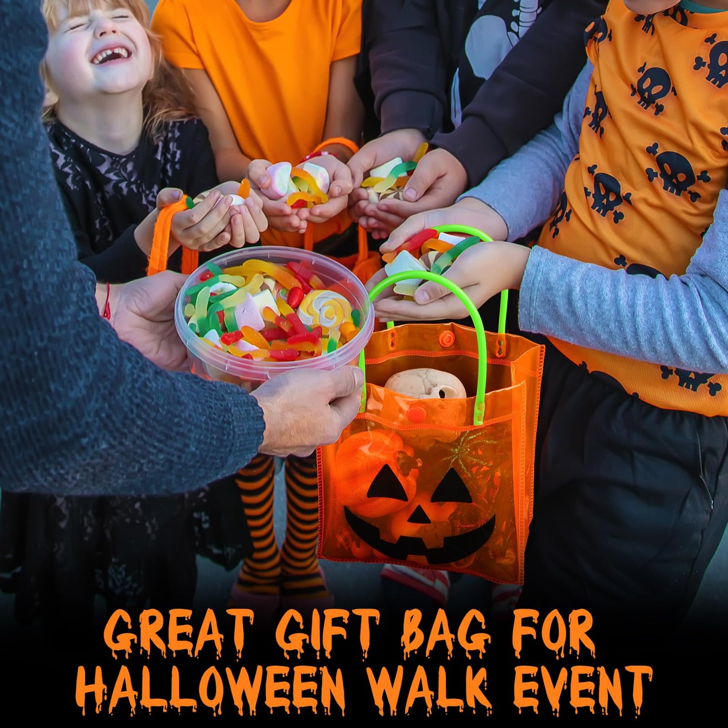 Sweetude 24 Packs Halloween Plastic Pumpkin Bags with Handles Halloween Jack O Lantern Pumpkin Party Gift Handles Bags Candy Favors, 6 x 6.3 Inch