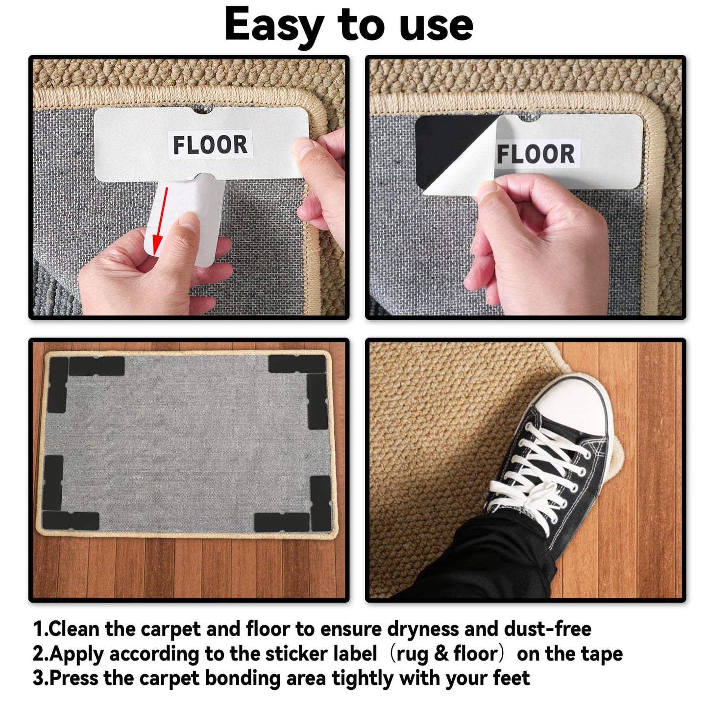 Rug Carpet Non Slip Grippers, Reusable Carpet Tape, No Damaging for Hardwood Floors, Strong Hold Rug Stickers for Area Rugs, Keep Corners Flat, Removable,16Pcs