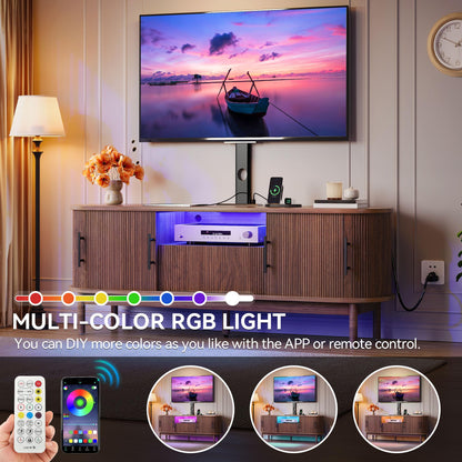 YITAHOME TV Stand with Mount and Power Outlet, Modern Entertainment Center with 3 Height Adjustment TV Mount for 32-70 inch TVs, LED Fluted TV Media Console with Sliding Doors, Curved Profile Design