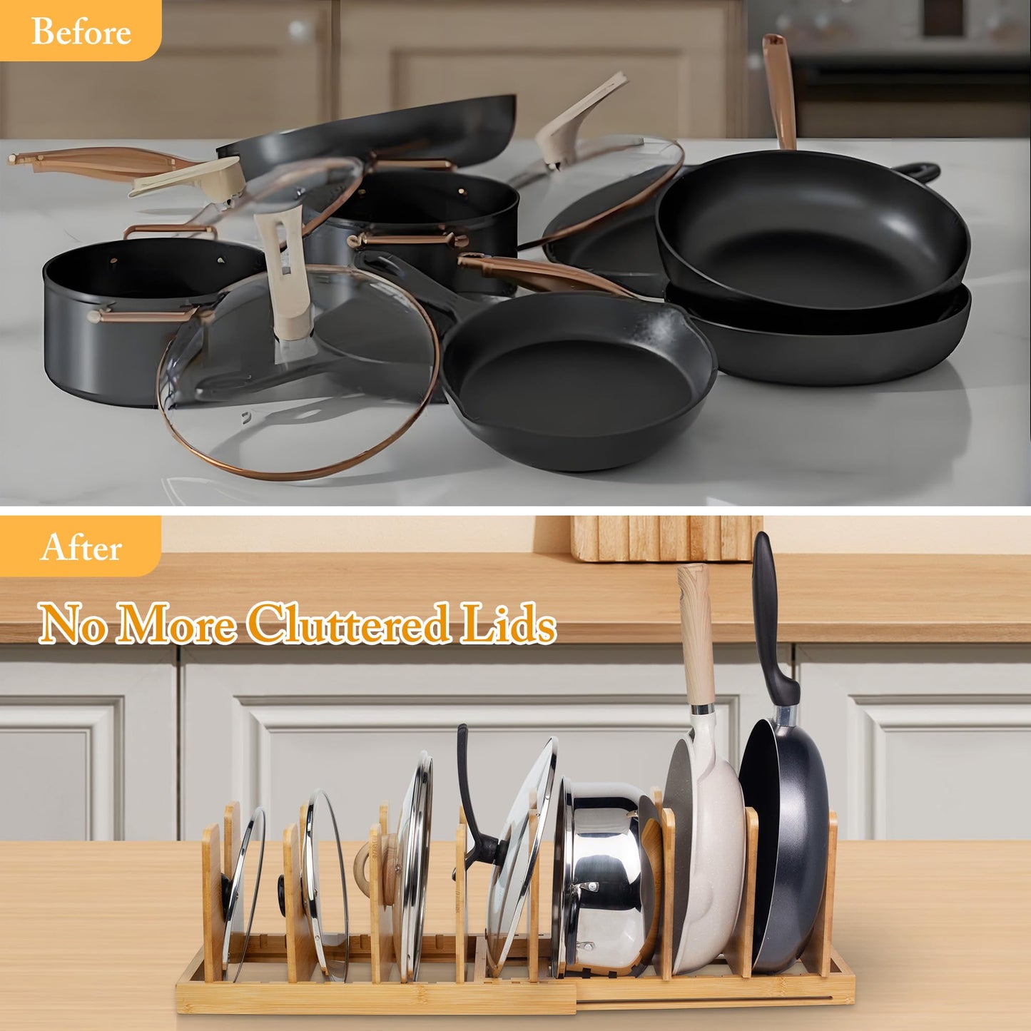 MinBoo Bamboo Expandable Pot Lid Organizer, Pot and Pan Organizer Drawer Organizer for Pot Lids, Adjustable 10 U-Shaped Dividers for Kitchen Cabinet Organizers and Storage (Bamboo-1)