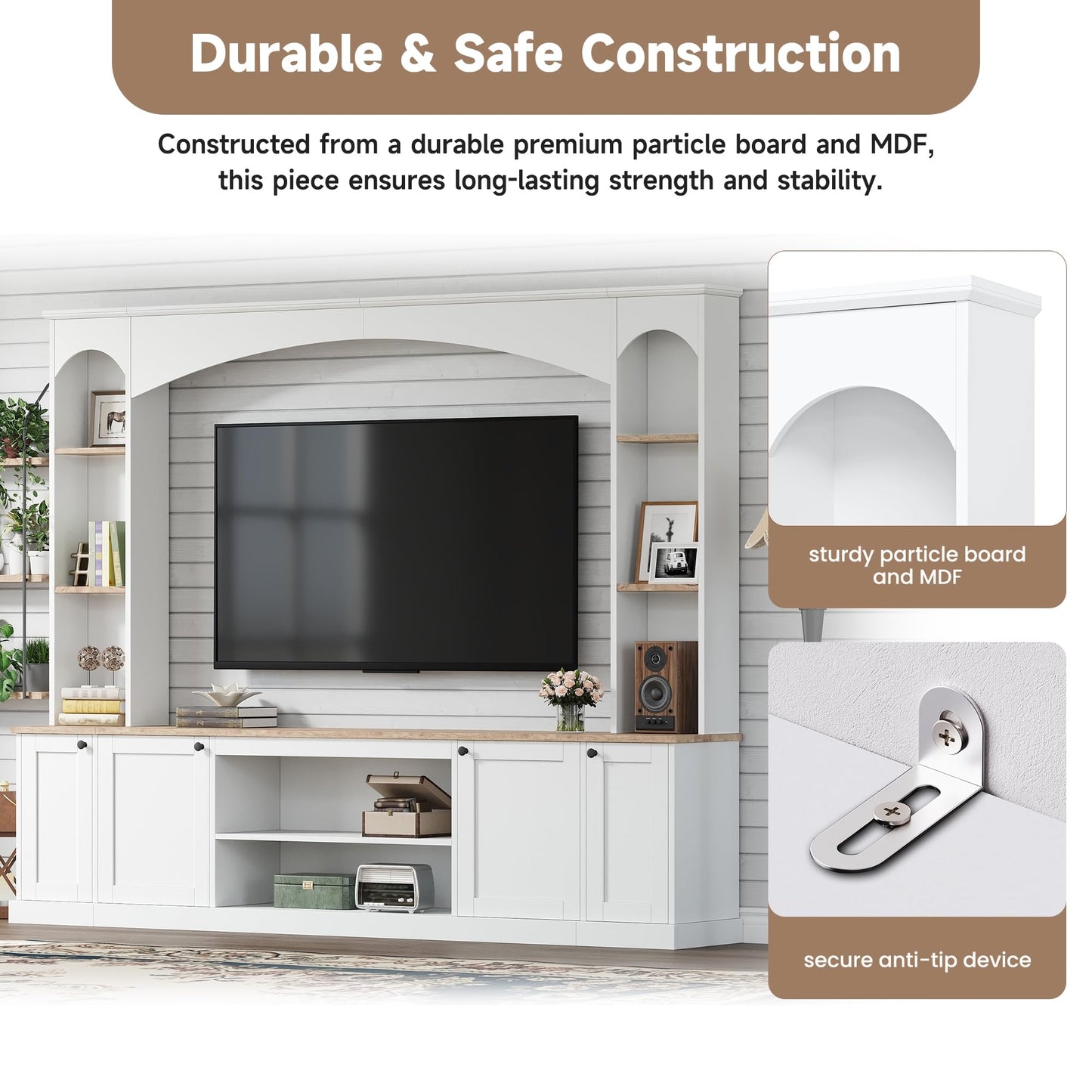 Merax Elegant Arched Entertainment Center Wall Unit with Bookshelf, Minimalism TV Stand for Televisions up to 70", Mid-Century Media Console with Adjustable Shelves for Living Room, White