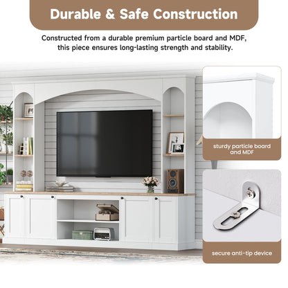 Merax Elegant Arched Entertainment Center Wall Unit with Bookshelf, Minimalism TV Stand for Televisions up to 70", Mid-Century Media Console with Adjustable Shelves for Living Room, White
