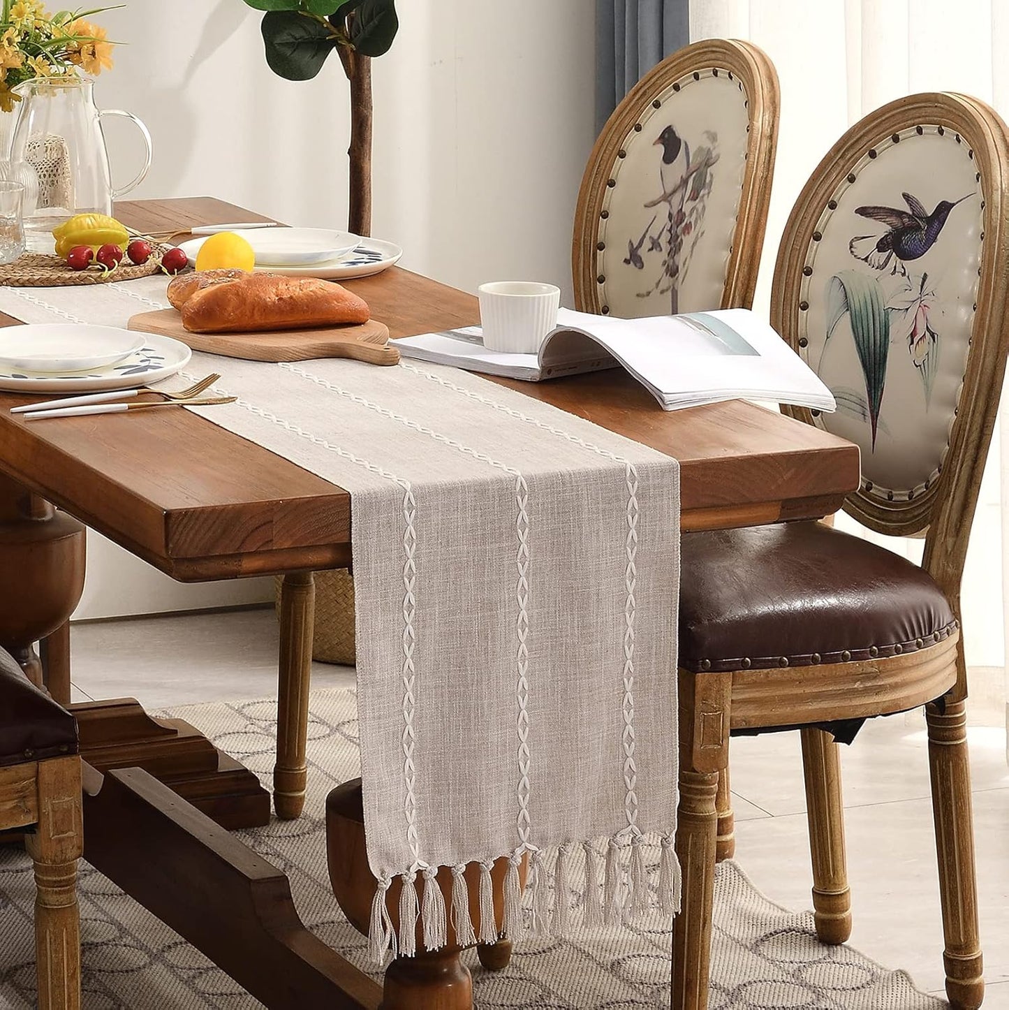 Wracra Rustic Linen Table Runner, 72 inches Long Embroidered Fall Table Runner with Hand-Tassels, Light Coffee, 13"×72"