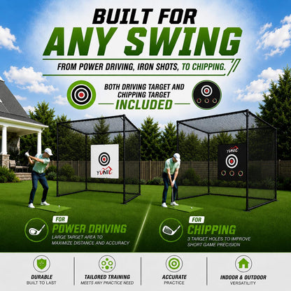 YUNIC Golf Driving Cage with Steel Frame, Golf Nets for Backyard Driving for Full Swing and Chipping Practice Indoor Outdoor (Black, 10'(W) x8'(H) x8'(D))