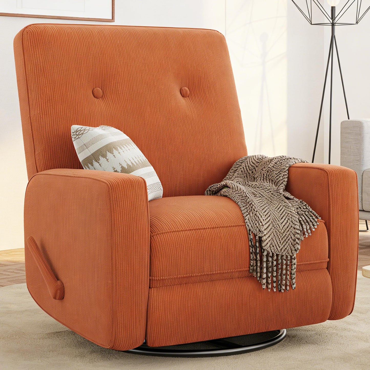GarveeHome Recliner Chairs, Swivel Rocker Recliner, Glider Recliner Nursery Chair for Adults, 360° Swivel Glider Rocking Chair for Living Room, Bedroom, Office, RV, Small Spaces, Corduroy, Orange
