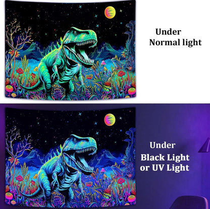 Blacklight Dinosaur Tapestry, Neon Funny Dino Frog Mountain Art UV Reactive Tapestries for Bedroom Boys Kids Decor