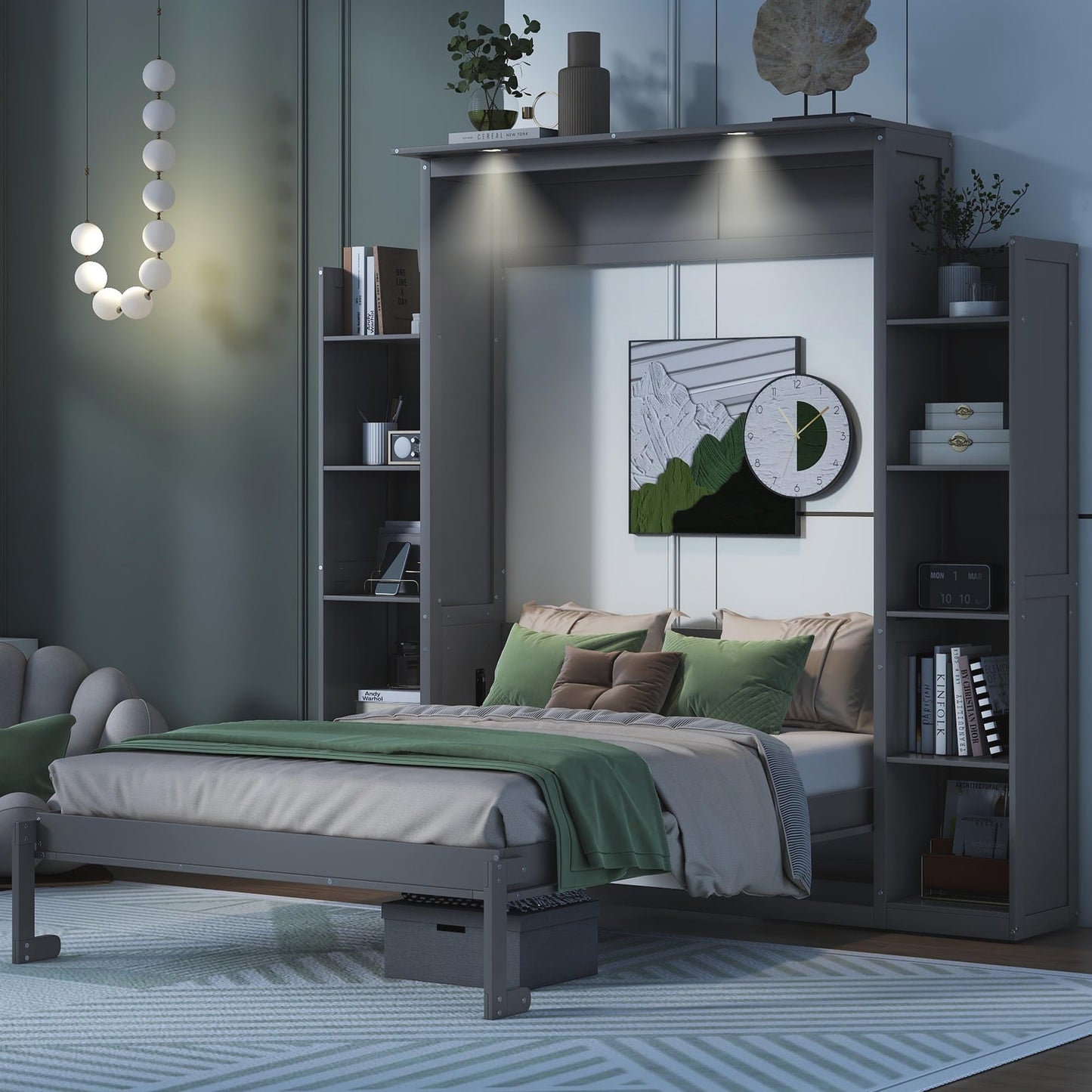 Merax Full Size Murphy Bed with 2 Five-Layer Cabinet, Modern Wall Bed with Shelves and LED Lights, Foldable Wood Platform Bed Folded into Cabinet for Guest Room, Home and Office, Grey