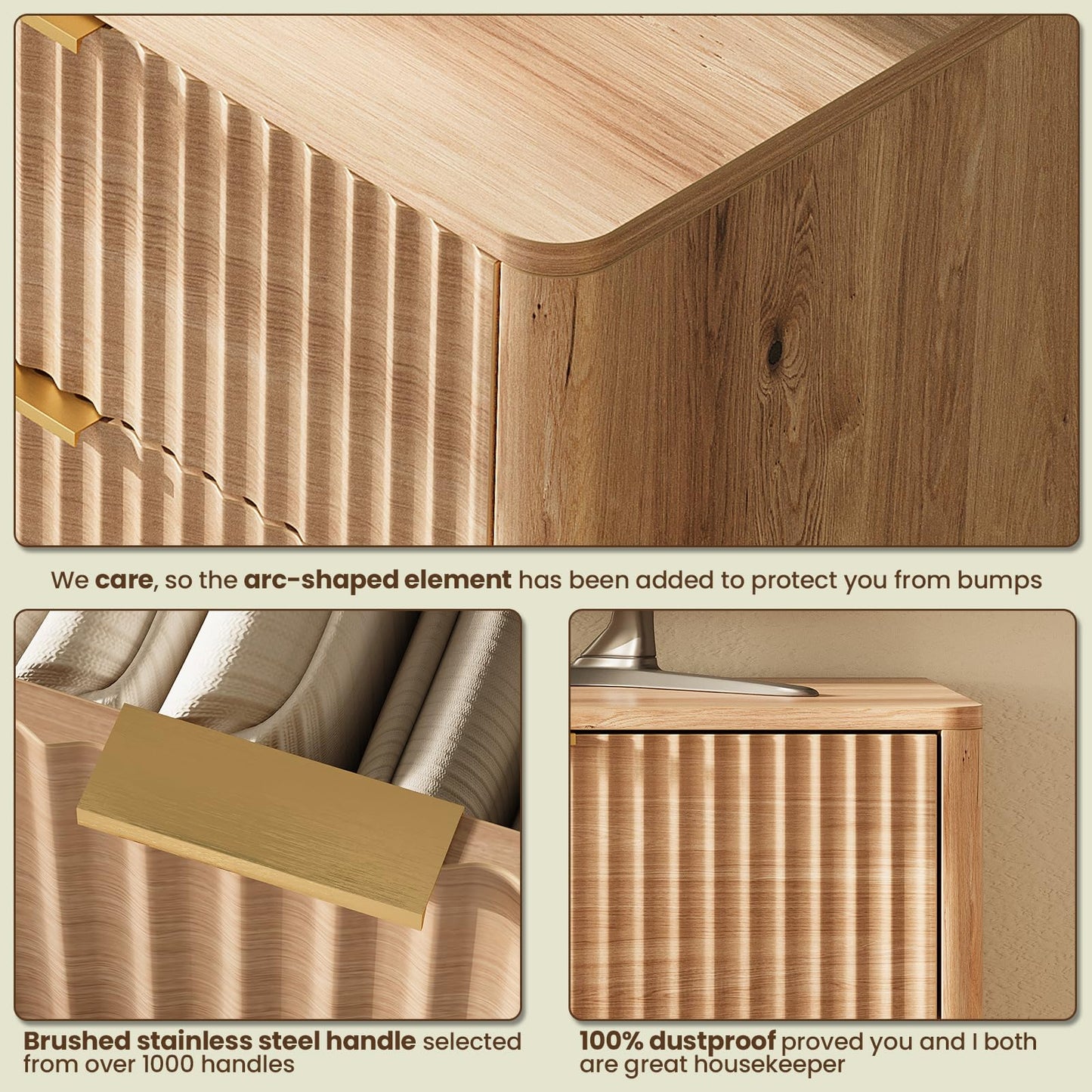 TROJM 63'' Wide 9 Drawers Dresser for Bedroom,Modern Fluted Vertical Chest with Rounded Corners,Fluted Dresser for Living Room,Hallway, Natural Wood