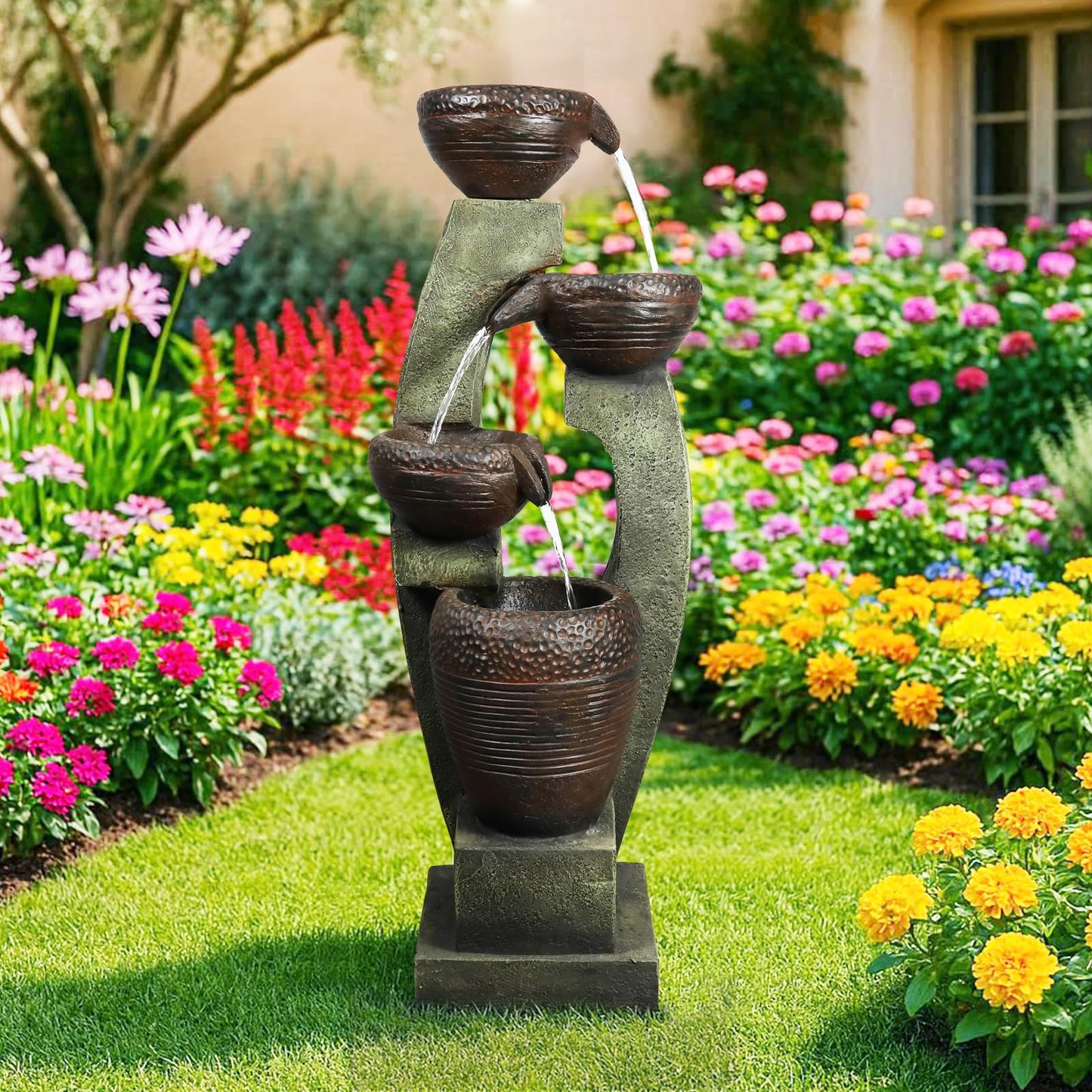 Naturefalls 40" Tall Outdoor Water Fountain and Waterfalls - Large Garden Fountain with LED Lights, 4-Tier Crocks, Indoor and Outdoor Fountains for Garden, Patio, Deck, Porch, Backyard and Home, Gray