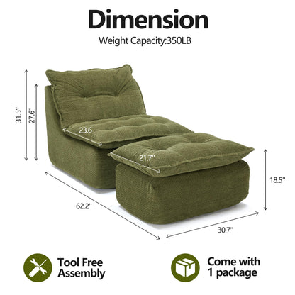 ENYLAY Single Chaise Lounge Chair, 62.2" Lazy Sofa Bean Bag Chair with Ottoman – Modern Boneless Floor Lounger for Bedroom or Living Room, Cozy Cloud Sleeper (Green)