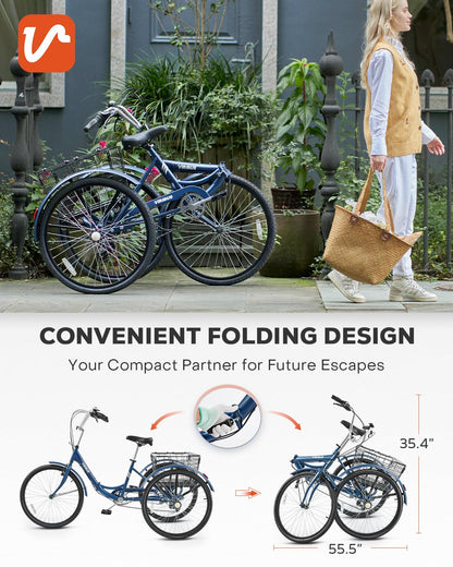 VIRIBUS Foldable Adult Tricycle, 7 Speed Folding Tricycle for Adults with Removable Wheeled Basket, Folding 3 Wheel Bikes for Adults Men Male Seniors 24 inch, Collapsible Trike 330 LB. Blue