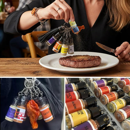 Mini Seasoning Keychain Set with 9 Portable Spice Bottles - Leak Proof Realistic Travel Containers for BBQ, Camping, Picnic, Cooking Outdoors