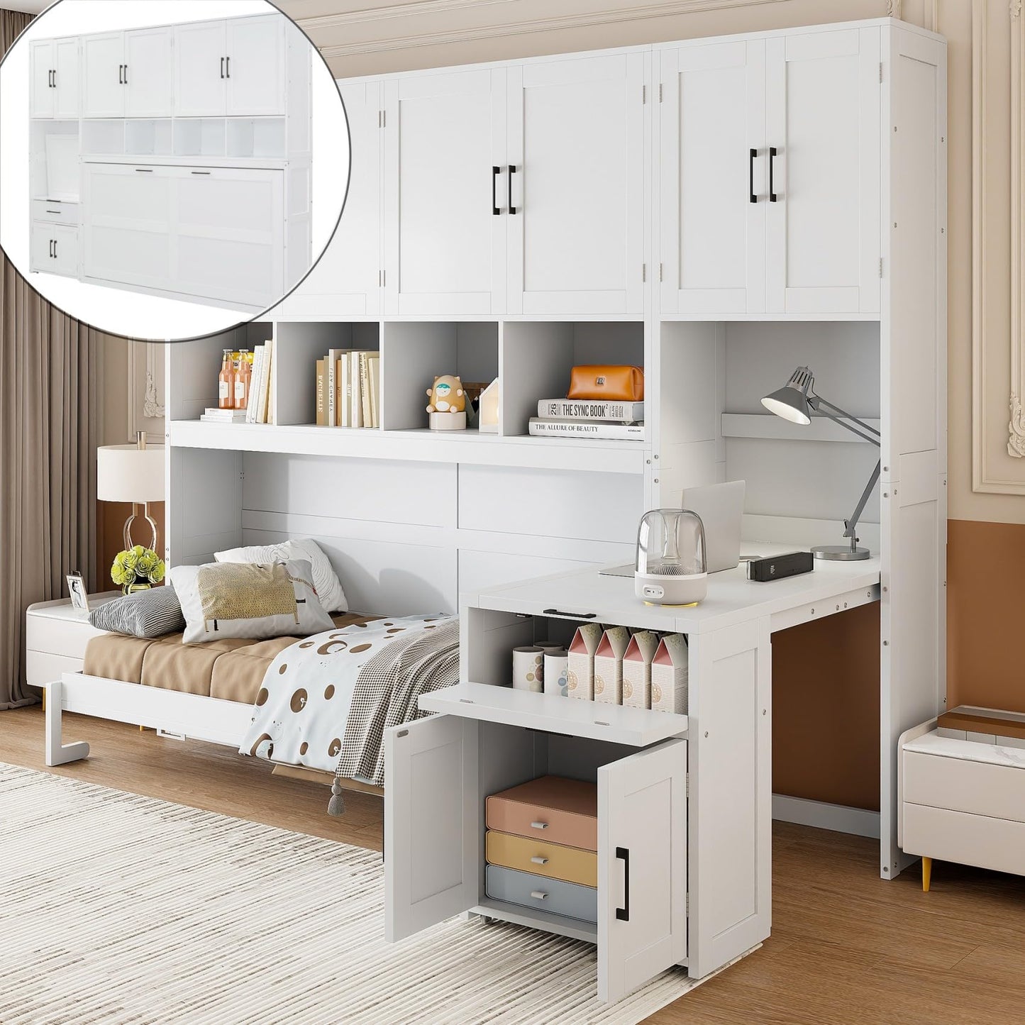 Merax 90.4"H Twin Size Murphy Bed Cabinet With Built-in Desk, Storage Closet, Drawers & Shelves, Wood Foldable Hidden Wall Platform Bedframe For Home, Bedroom, Small Room, Apartment, Reversible, White