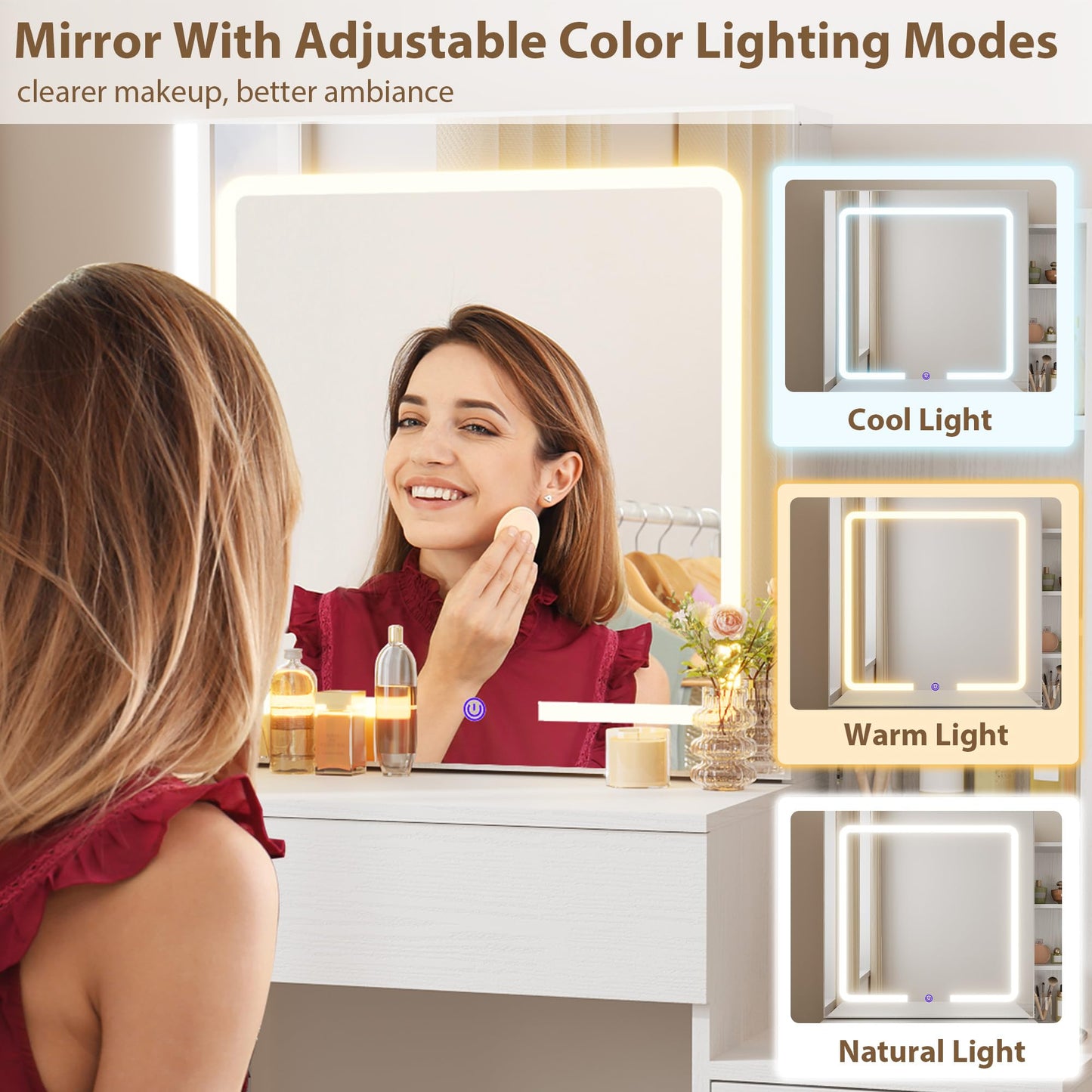 IDEALHOUSE Vanity Desk with Mirror and Lights, Vanity Table and Chair Set with 4 Drawers and Charging Station, Dresser LED Sliding Mirror with 3 Color Modes Adjustable Storage Shelves, White