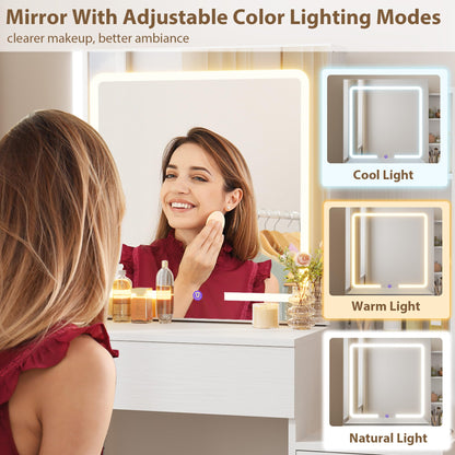 IDEALHOUSE Vanity Desk with Mirror and Lights, Vanity Table and Chair Set with 4 Drawers and Charging Station, Dresser LED Sliding Mirror with 3 Color Modes Adjustable Storage Shelves, White