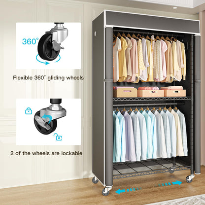 FUTASSI Black Clothing Rack with Dark Gray Cover, P1C Rolling Closets with Wheels, Metal Garment Rack for Hanging Clothes, Clothing Storage Wardrobe, 36.2" W x 16.5" D x 80.5" H, Load 450 Pounds