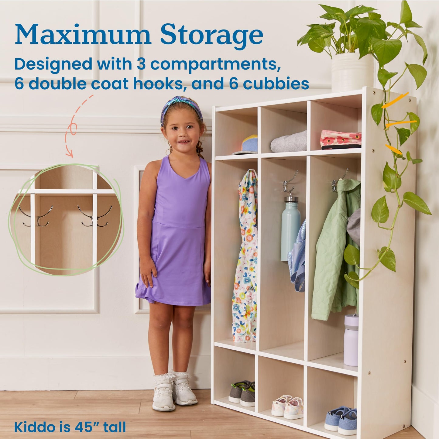 ECR4Kids Streamline 3-Section Coat Locker with Cubby Storage, Classroom Furniture, White Wash