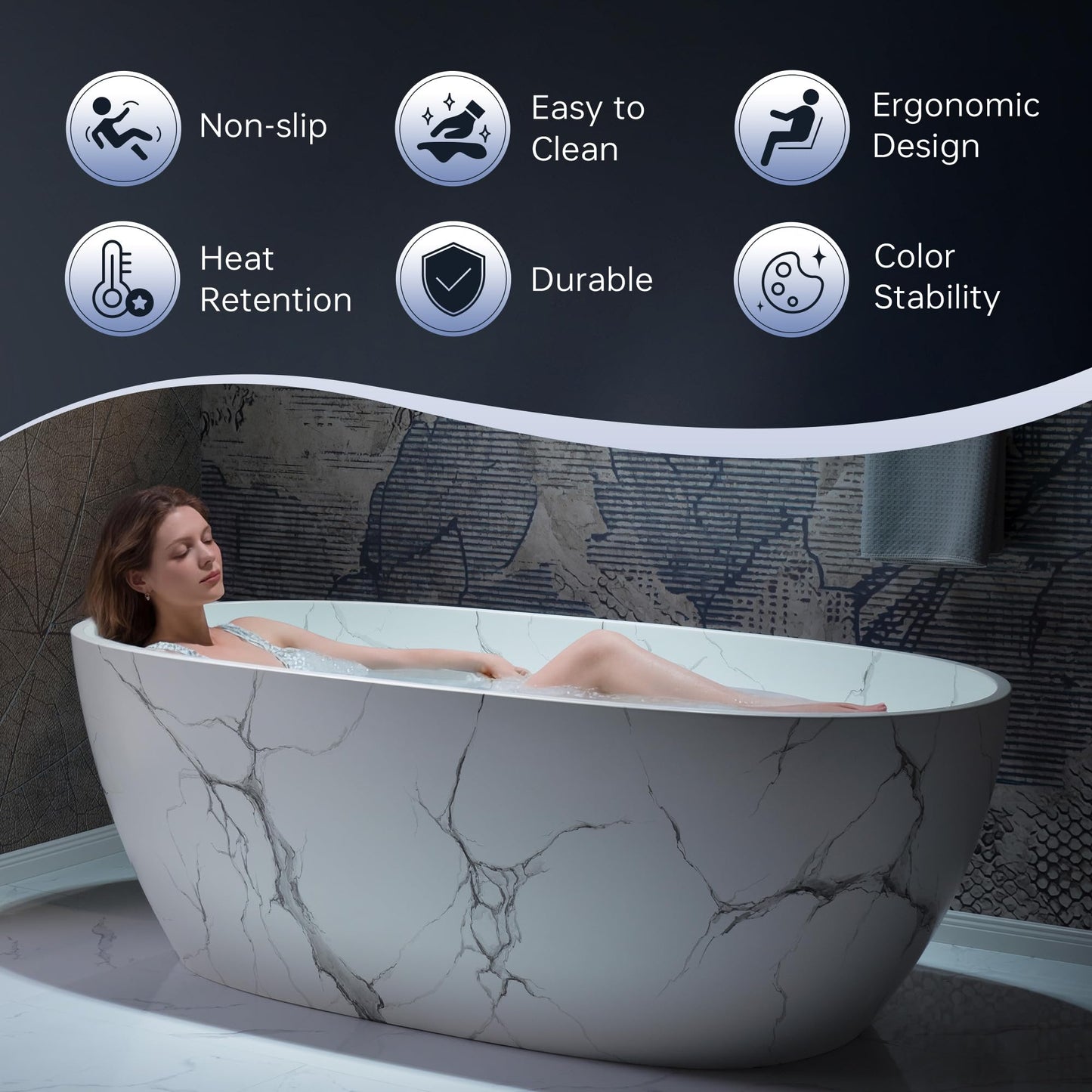 WOODBRIDGE 67" Marble-Pattern Stone Resin Freestanding Soaking Tub, Modern Oval Solid Surface Bathtub with Integrated Slotted Overflow & Drain, Matte Finish, CST0745