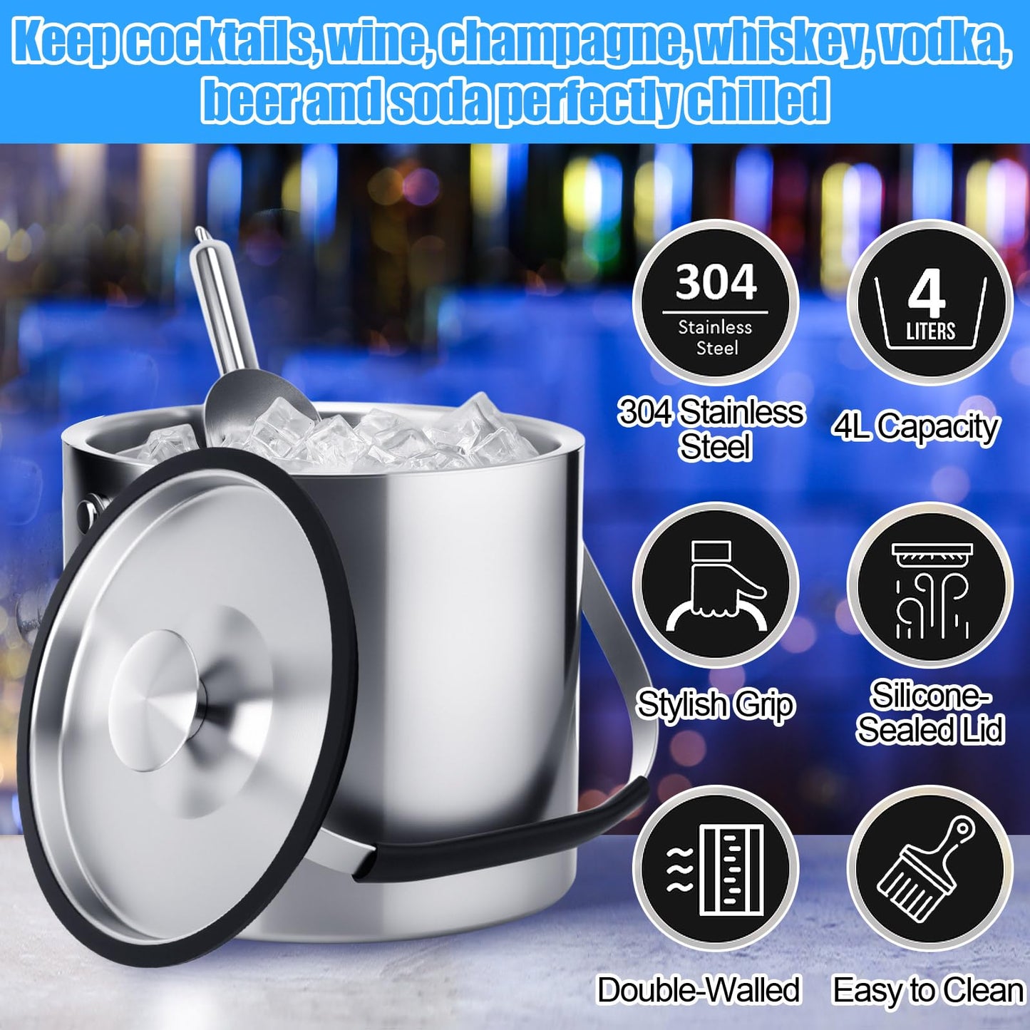 meekoo 4 L Double Wall Insulated Ice Bucket with Lid, Scoop, Strainer, Handle Large Stainless Steel Wine Ice Bucket Upgraded Cover Keep Frozen Longer for Cocktail Bar Parties(Silver)