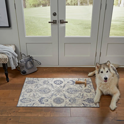Maples Rugs Blooming Damask Area Rugs, Washable Non Slip Indoor Carpet for Entryway, 1'8 x 2'10, Grey/Blue