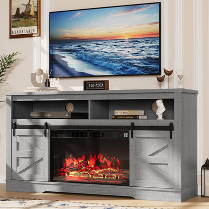 YESHOMY Fireplace TV Stand for Television up to 65+ Inch with Storage and Farmhouse Sliding Barn Doors, Entertainment Center with Cabinet and Shelves, Media Console for Living Room,Gray