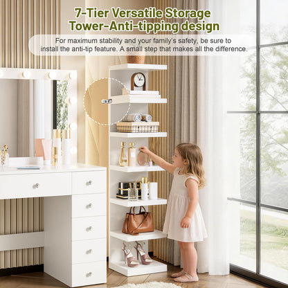 Merax White Makeup Vanity Desk with Large Mirror and 7-Tier Storage Shelves, Modern Dressing Table& 12 Hollywood Bulbs, Power Outlet and 11 Drawers, 3 Color Lighting Modes