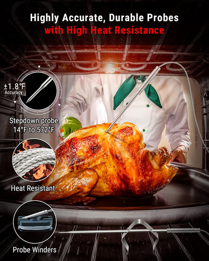 ThermoPro TP829 1000ft Wireless Meat Thermometer Digital for Grilling and Smoking, 4 Meat Probes Grill Thermometer for Outside Grill, BBQ Thermometer for Cooking Turkey Temperature Indicator