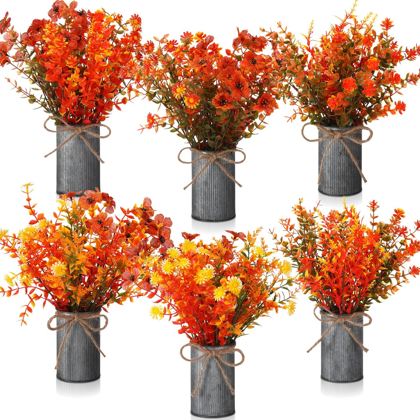 Zeyune 6 Sets Artificial Fall Thanksgiving Centerpiece for Tables Faux Fall Plants with Galvanized Pots Farmhouse Artificial Orange Autumn Flowers Bouquet for Wedding Home Office Rustic Decor