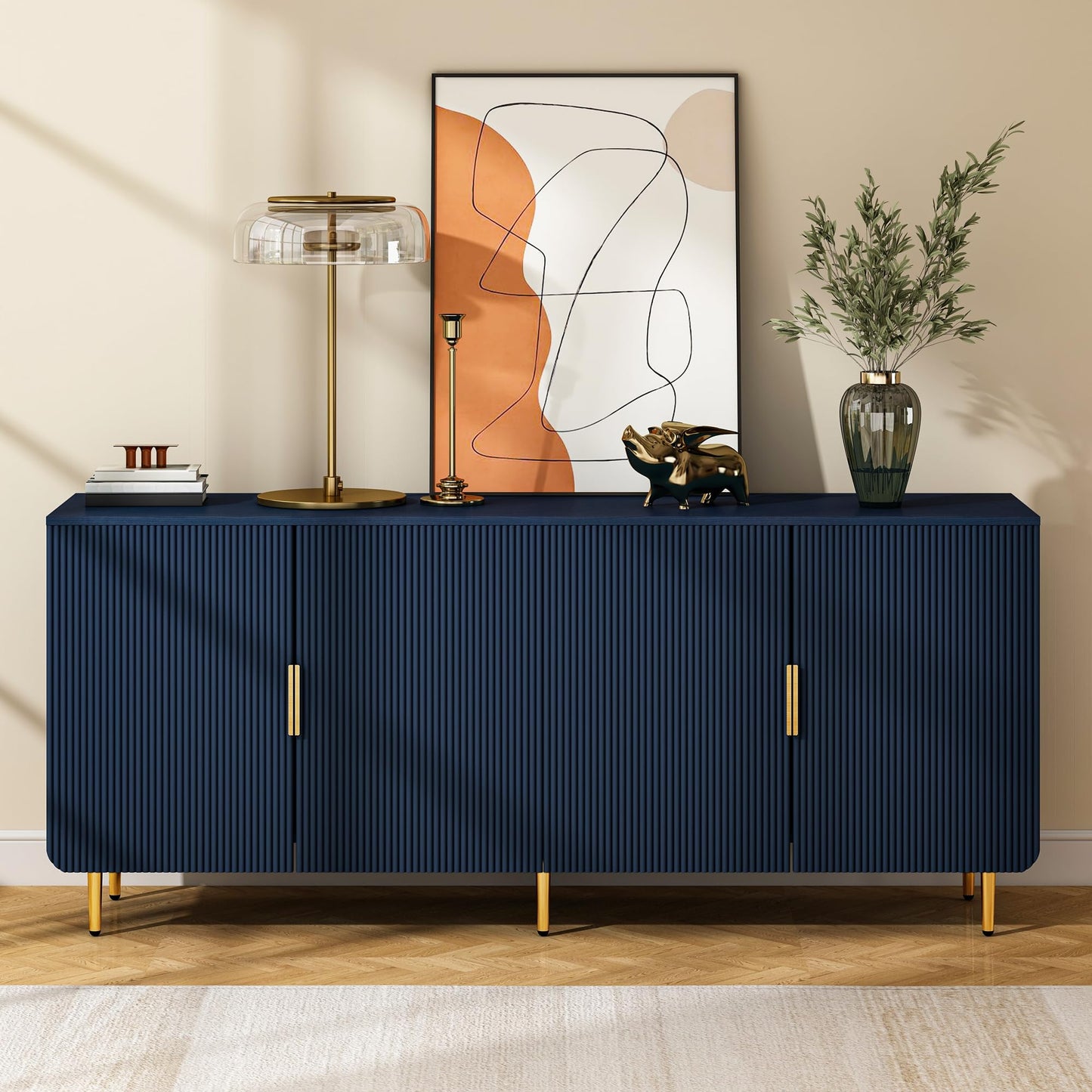 Tantmis 65" Fluted Sideboard Buffet Cabinet with Storage, Console Cabinet with 4 Doors & Adjustable Shelves, Modern Buffet Table for Kitchen Dining Living Room Hallway‌ Entryway, Blue