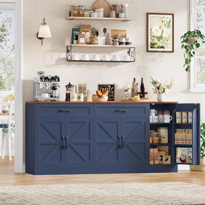 BOTLOG 71” Large Sideboard Buffet Cabinet with Storage, Farmhouse Buffet Cabinet with Adjustable Shelves and 3 Door Shelves, Wood Coffee Bar Console Table for Kitchen, Dining Room (Blue)