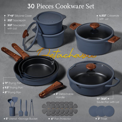 CAROTE 30-Piece Titanium Cookware Set, Nonstick Pots and Pans Set with Detachable Handle, RV Kitchen Cooking Set, Camping Use, Induction Compatible, Dishwasher & Oven Safe