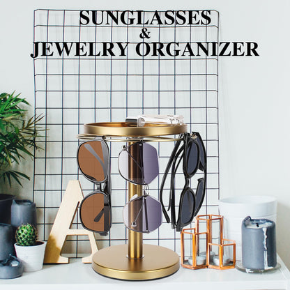 kondyfayo 360° Rotating Sunglass Organizer Storage, Stainless Steel Glasses Holder Stand, Glasses Organizer with Tray for Desk, Dresser, Tabletop, Nightstand and Home Decor (Gold)