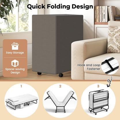 Giantex Twin Folding Bed with 5 Inch Mattress, Rollaway Guest Bed with Top Pillow, Storage Pocket & Metal Frame, Space-Saving Fold up Beds, Portable Roll Away Beds for Adults, 75" x 39"