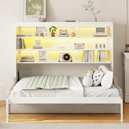 Bellemave Full Size Murphy Bed with Sofa, Cabinet Bed with Storage Shelves and LED Light, Farmhouse Murphy Cabinet with Folding Sofa, Noisy Free, for Guest Bedroom, Living Room, Office, Beige