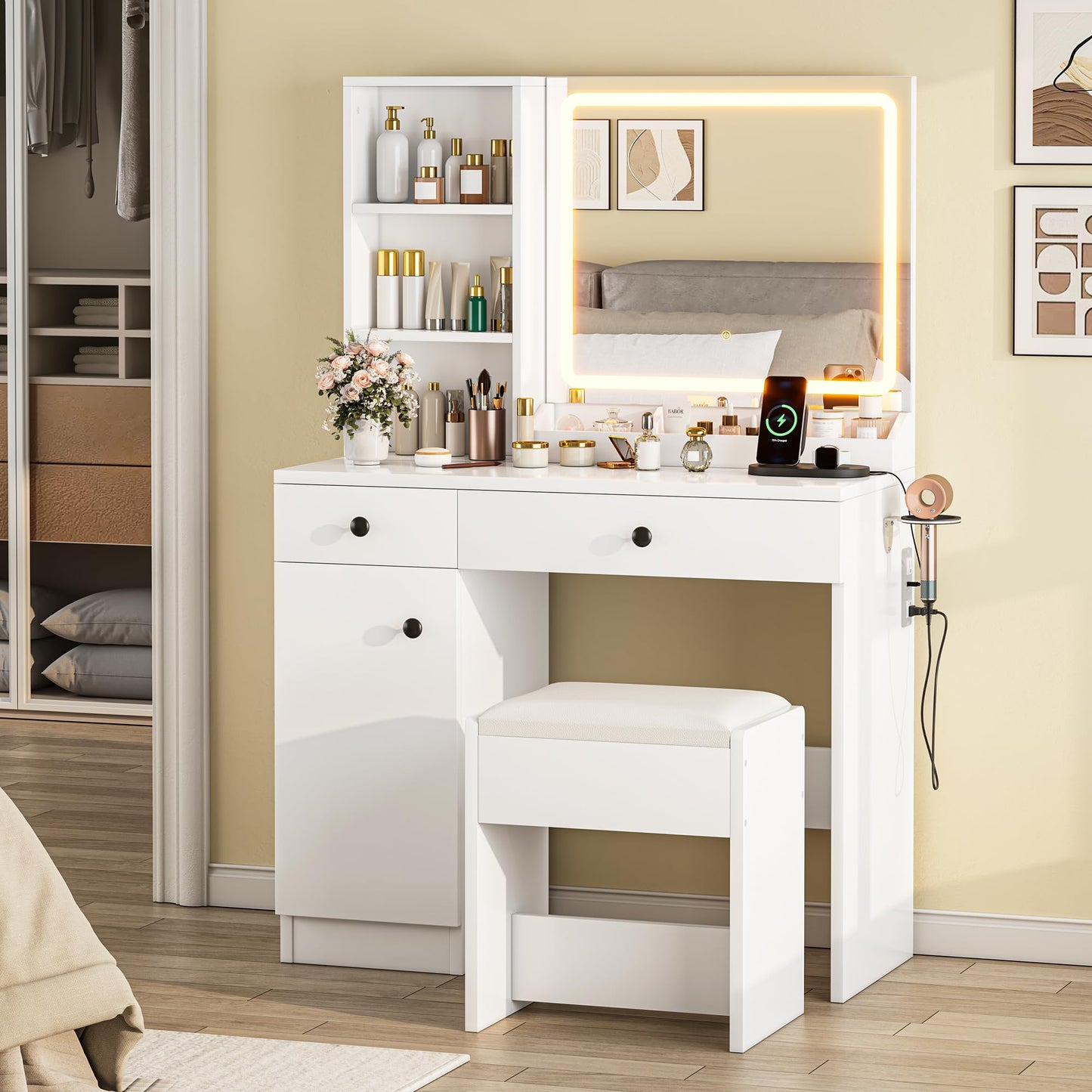 KAMABOKO Vanity Desk with Mirror and Lights, Makeup Vanity Table with Drawers & Shelves, Power Outlet, Dressing Table with Jewelry Storage for Bedroom (007 White)