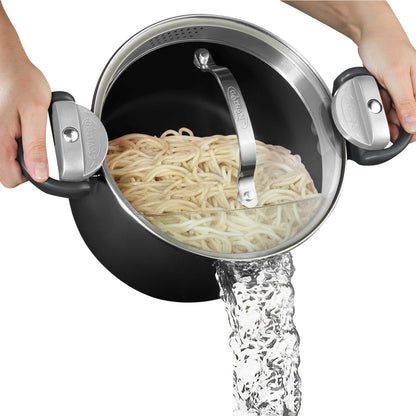 GOTHAM STEEL 5 Qt Nonstick Pasta Pot with Strainer Lid & Twist and Lock Handles, Ceramic Stock Pot with Tempered Glass Lid, Metal Utensil Safe, for Spaghetti Soup & Noodles, Dishwasher Safe, Black