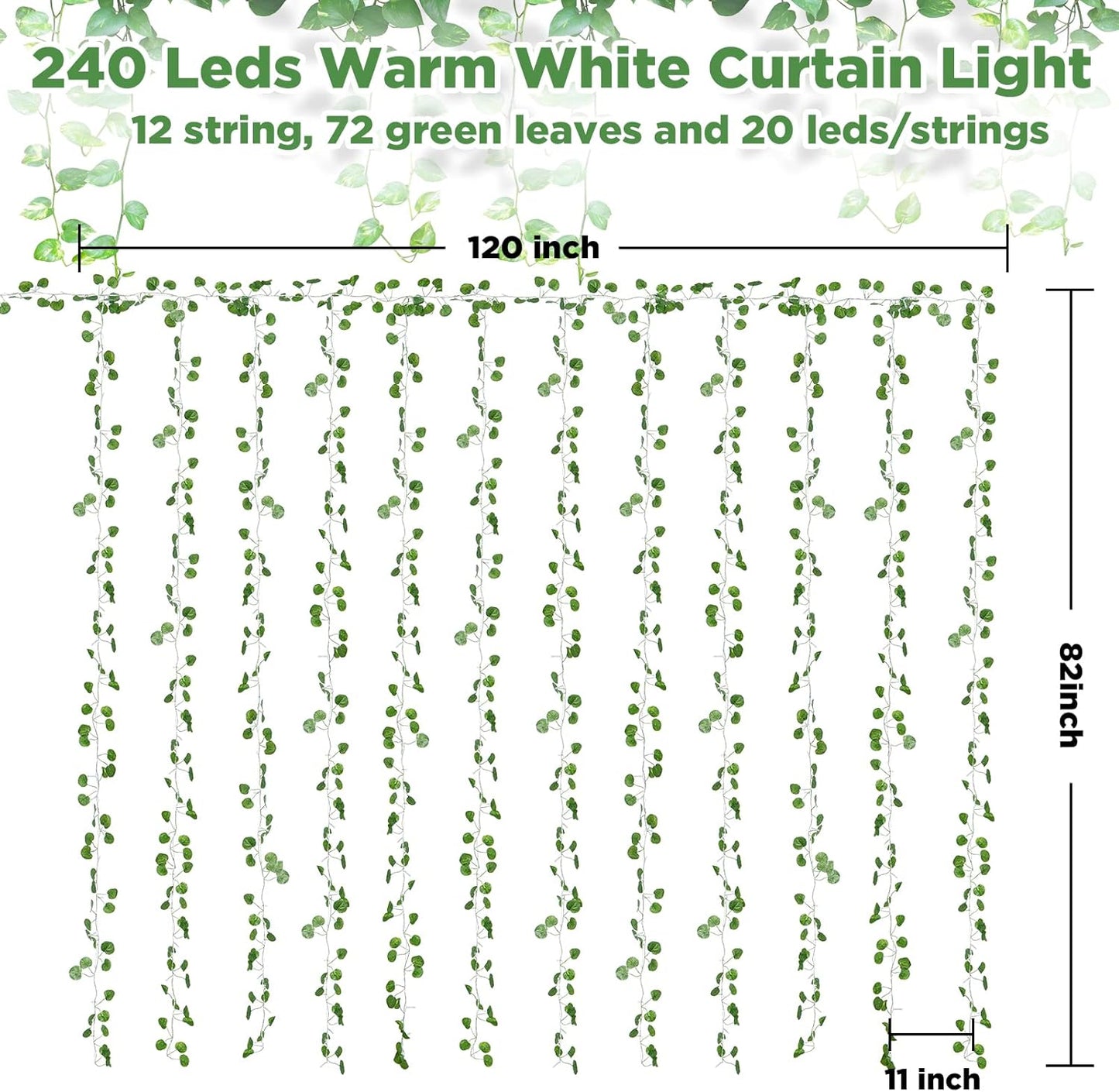 12 Pack 240 8 Fake Vines Curtain String Light LED Mode & Timer Hanging Ivy Lights Vines for Bedroom Wall Hanging Garden